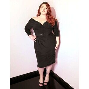 Vixen Micheline Pitt Starlet Wiggle Dress Size 4X Black Ruched Bust Retro Pin Up